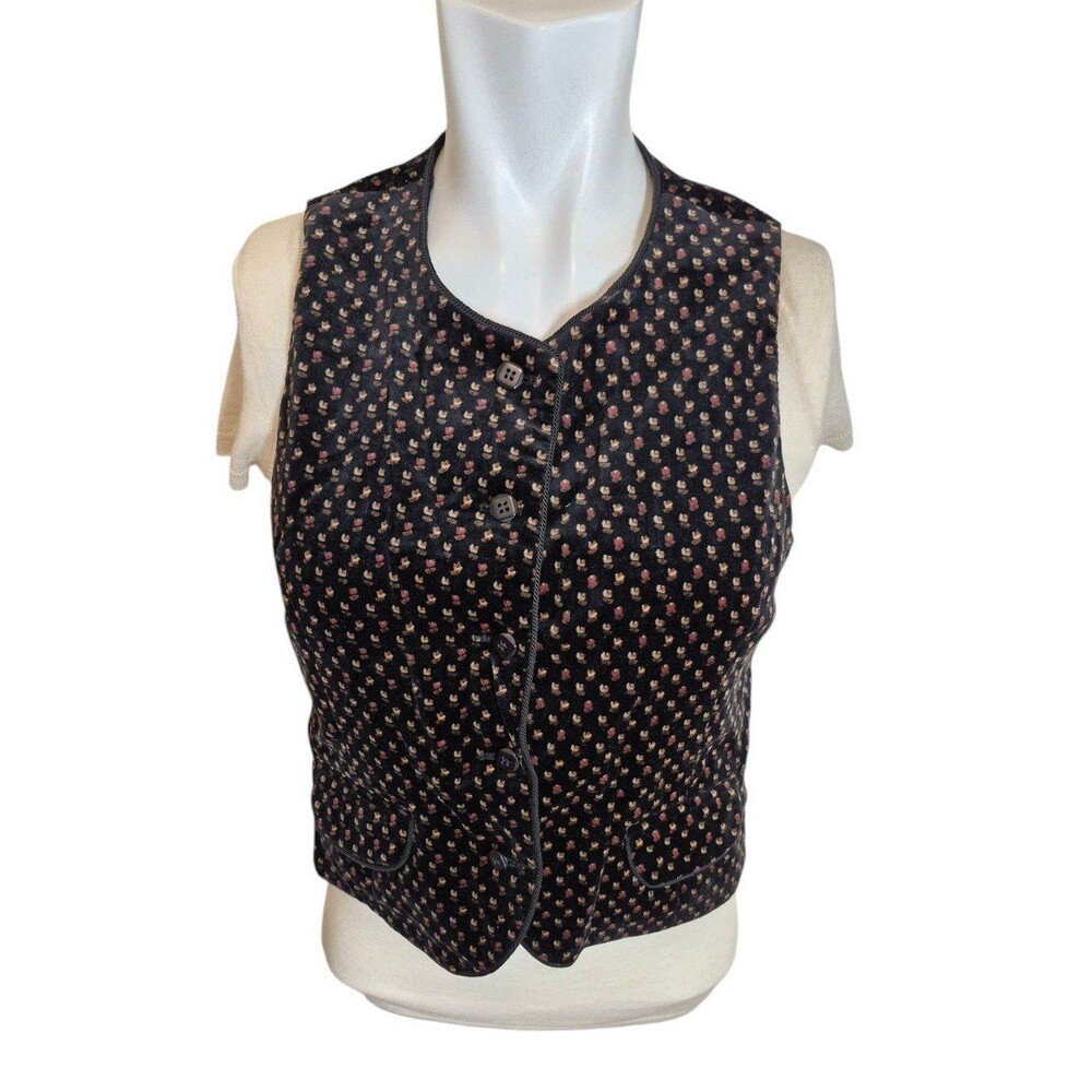 Vintage 70s Velvet Floral Vest Waistcoat Black Sz XS/S